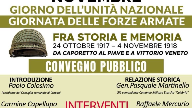 La celebrazione della Giornata dell’Unità Nazionale e delle Forze Armate in un progetto che coinvolge diversi Comuni. Giovedì 31 convegno a Sersale alla presenza degli amministratori del comprensorio